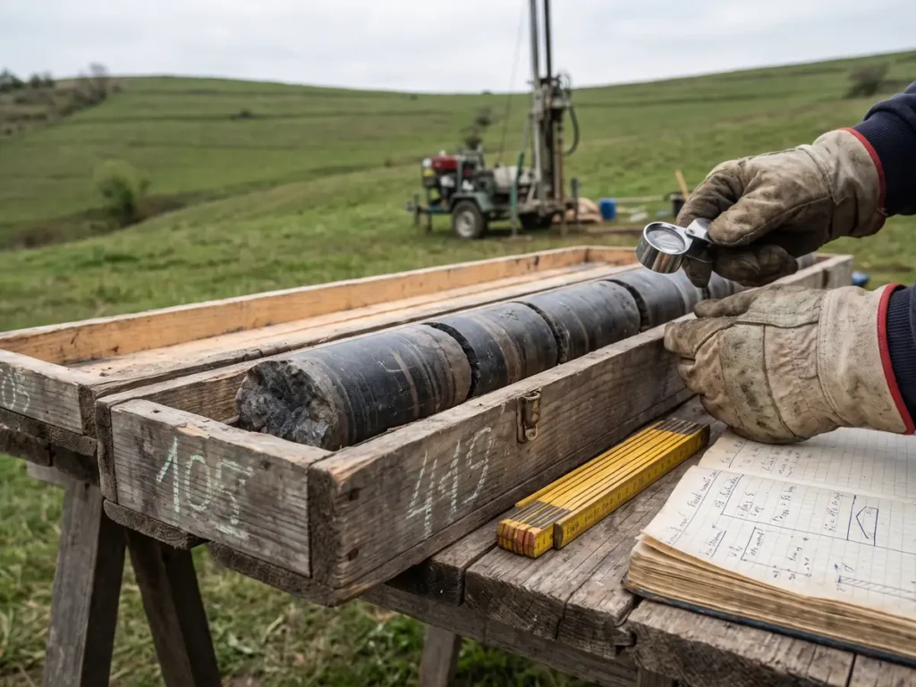 Geologi examinează o carotă de rocă pe teren, lângă o instalație de foraj