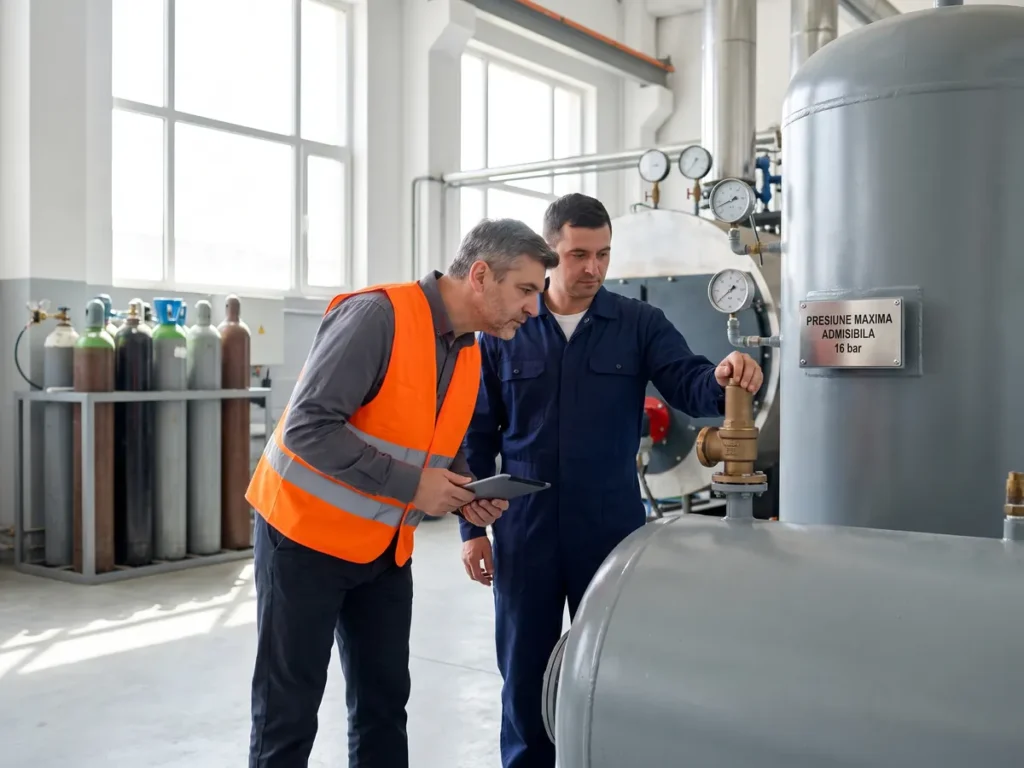 Inspector care verifică plăcuța de identificare a unui recipient sub presiune într-o centrală termică industrială