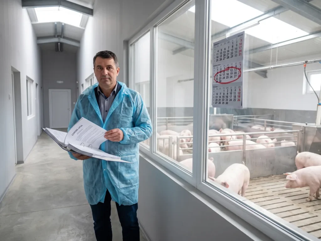 Manager de fermă ține biblioraftul cu cererea pentru APIA, lângă padocurile cu porci ale unei hale moderne.