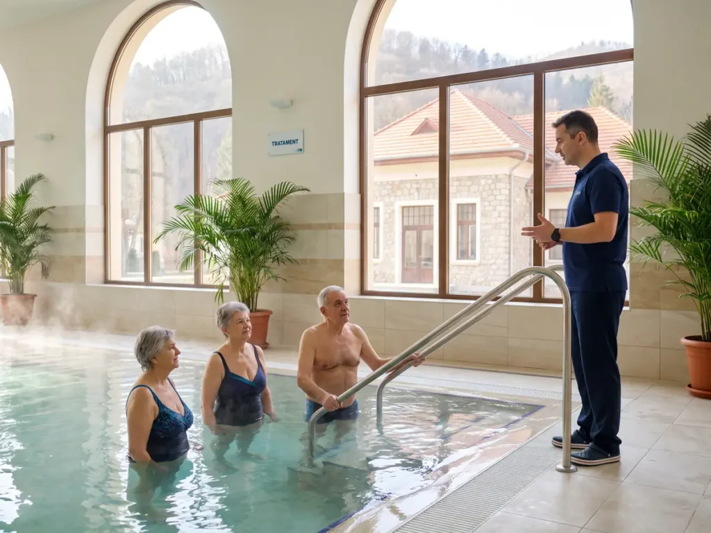 Pacienți vârstnici fac tratament în bazinul cu apă minerală al unei stațiuni balneare renovate.