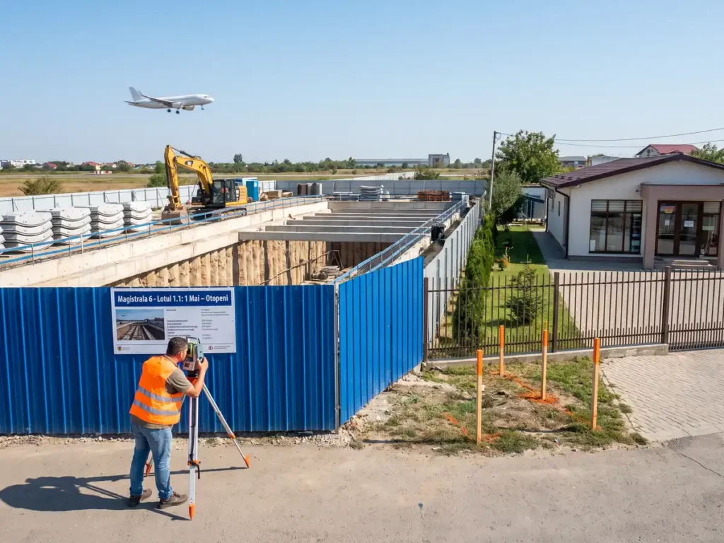 Topograf măsoară parcela unei clădiri expropriate lângă șantierul stației de metrou de pe Magistrala 6.