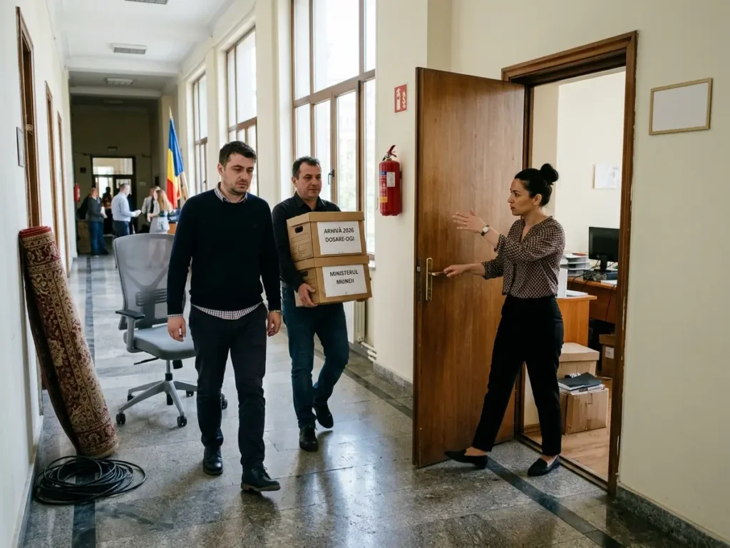 Funcționari care mută cutii cu documente și un scaun într-un birou nou de minister