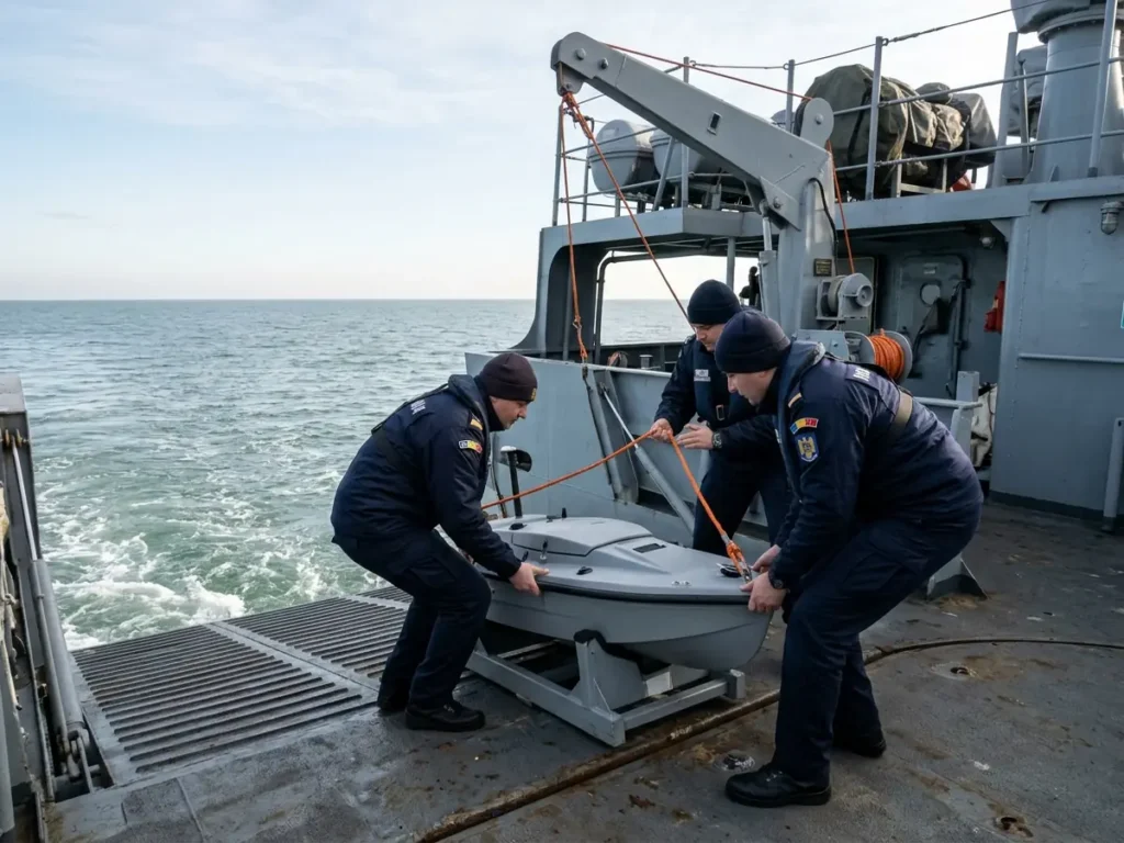 Marinari manevrează o ambarcațiune fără pilot pe puntea pupa a unei nave militare