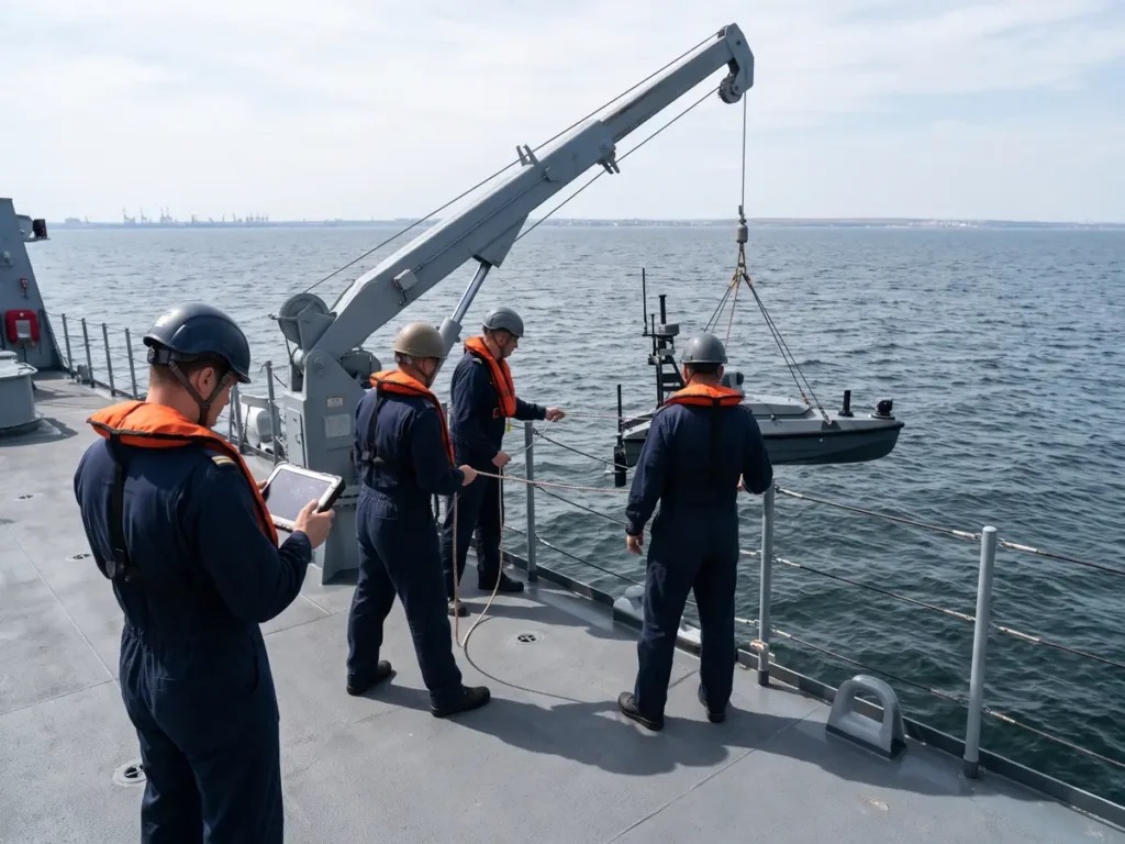 Marinari în salopete și veste de salvare coboară cu macaraua o dronă de suprafață în Marea Neagră, de pe puntea unei fregate