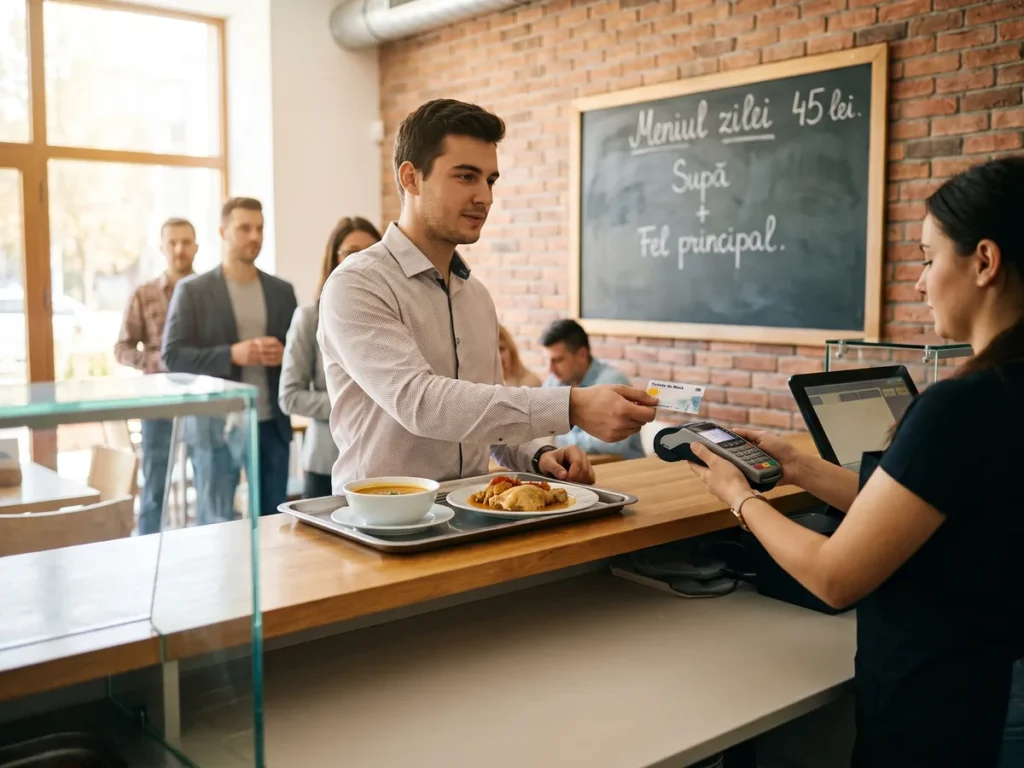 Angajat care plătește prânzul cu cardul de tichete de masă într-un bistro din București, sub tabla cu meniul zilei la 45 de lei