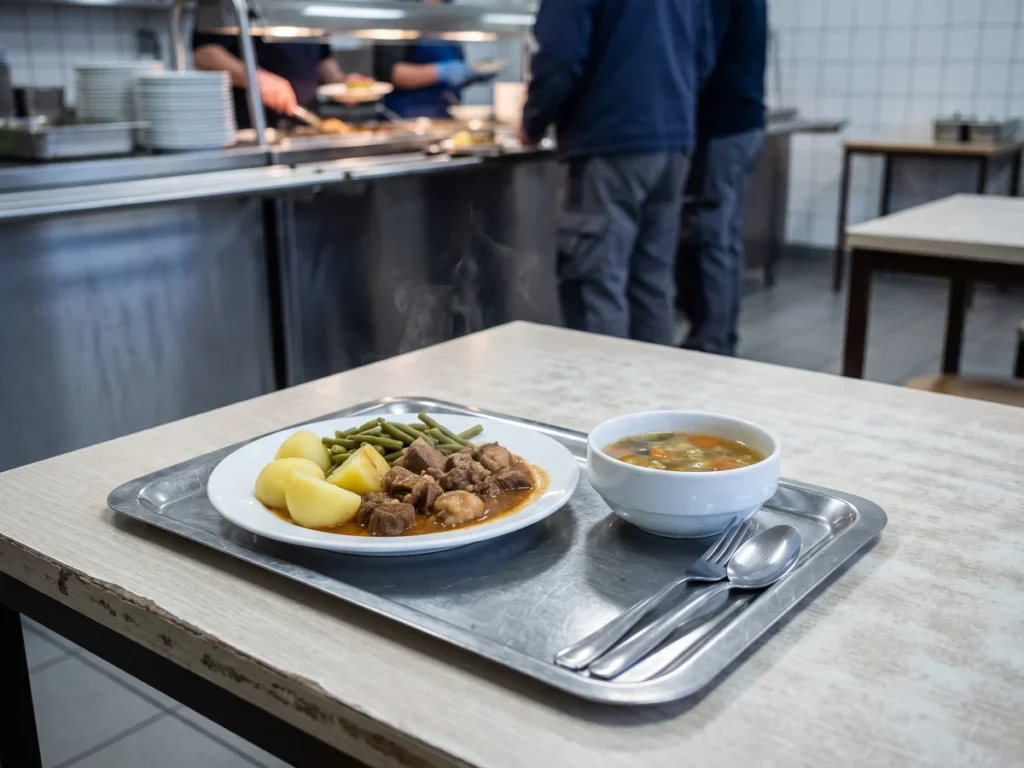 Tavă de cantină cu o farfurie de prânz și un castron de supă, pe masa unei cantine de serviciu