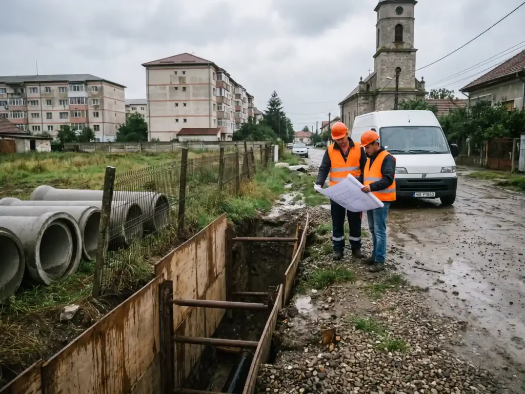 Șantier oprit de apă și canalizare, cu tuburi de beton nemontate lângă tranșee