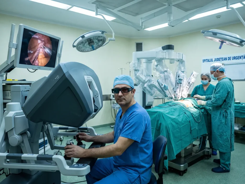 Chirurg la consola unui robot chirurgical, într-o sală de operație, cu brațele robotului deasupra pacientului
