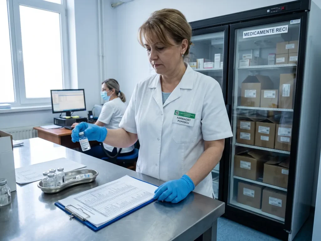 Farmacistă de spital verifică o fiolă de medicament injectabil după o pagină tipărită din catalogul de prețuri