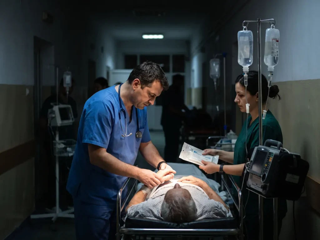 Medic de gardă și asistentă la patul unui pacient pe targă, într-un spital public, noaptea
