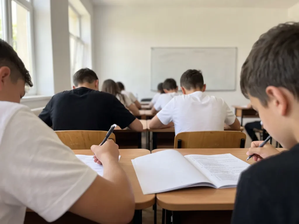 Elevi de clasa a VIII-a scriu la examenul de Evaluare Națională, în bănci individuale