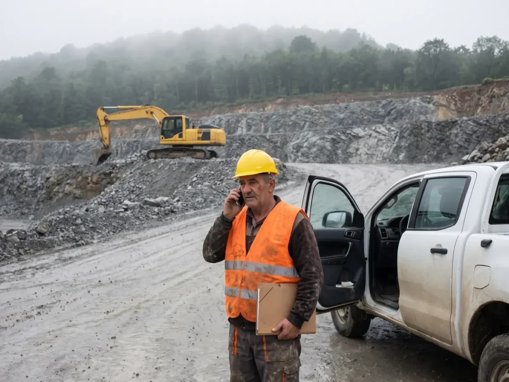 Șeful unei cariere de calcar, cu vestă reflectorizantă și dosar sub braț, vorbește la telefon pe drumul de haldă