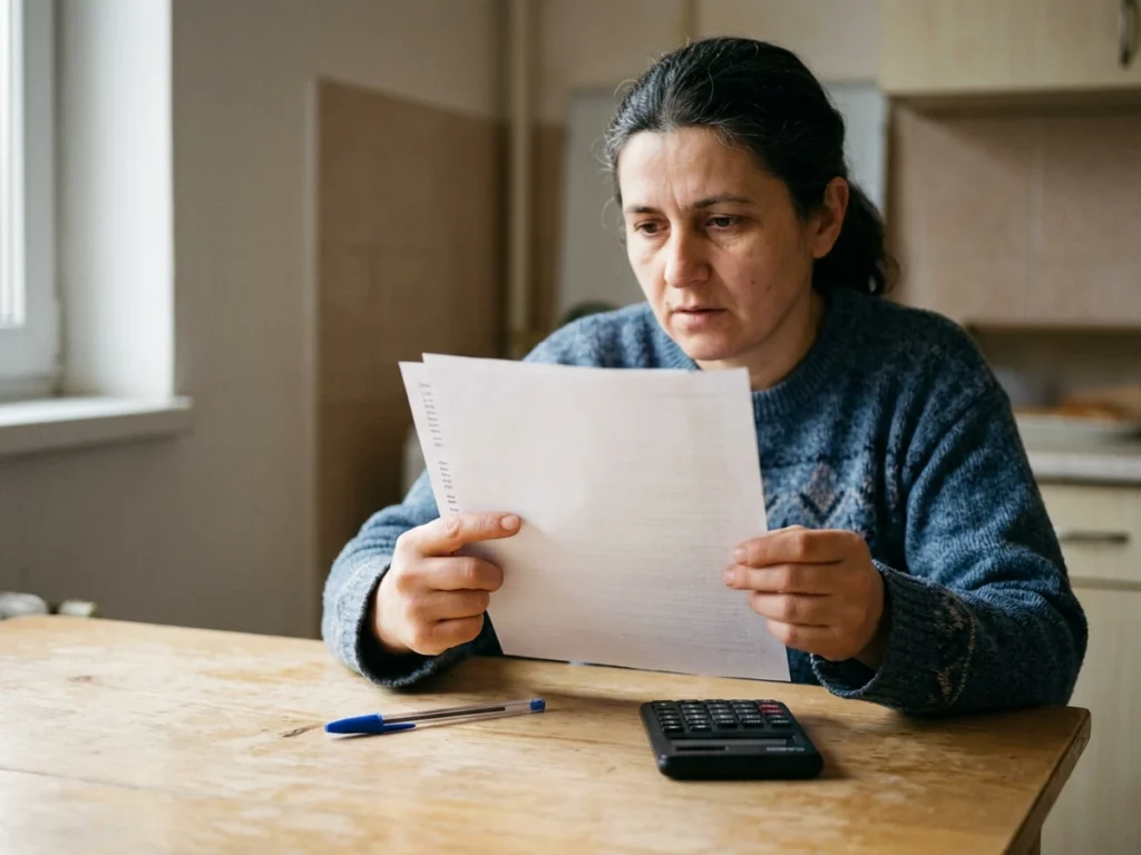 O femeie așezată la masa din bucătărie urmărește cu degetul o linie din factura de energie electrică, cu un pix și un calculator de buzunar lângă ea.