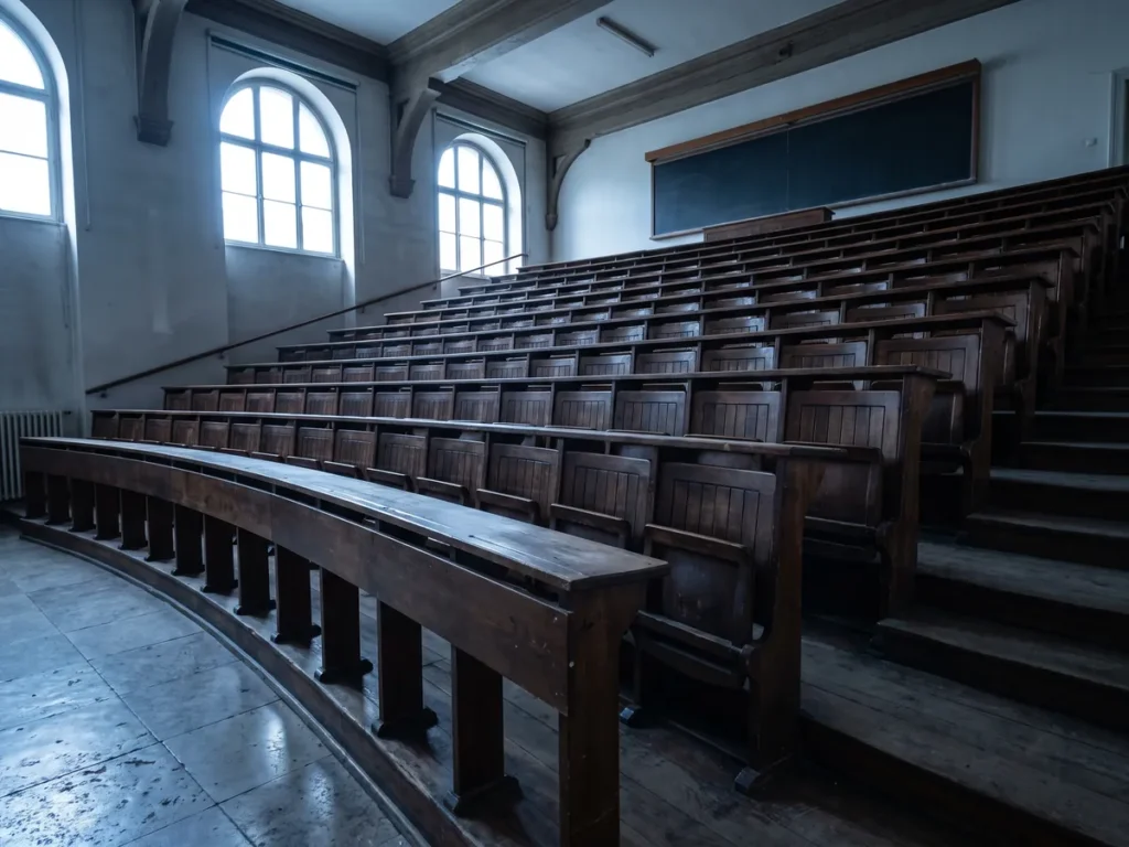 Amfiteatru universitar gol, cu rânduri de bănci și pupitre de lemn pe trepte
