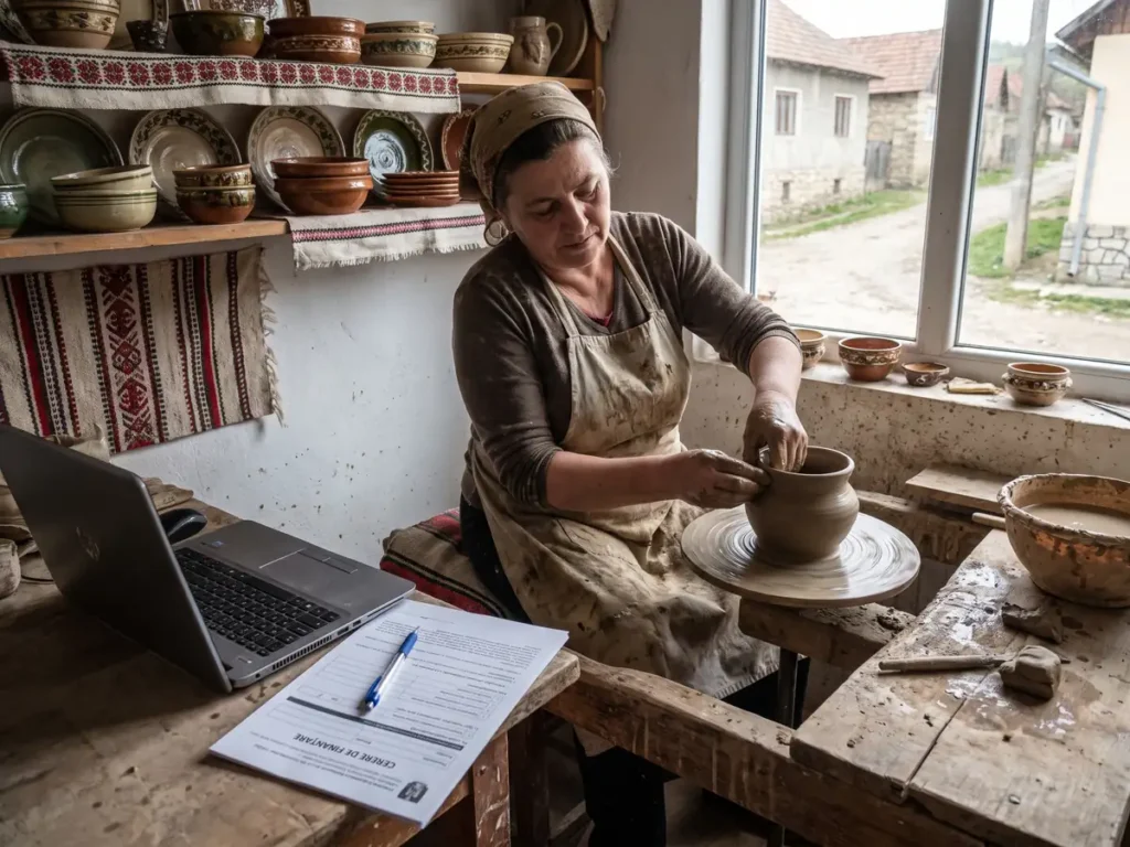 Meșteșugăriță modelând un vas de lut la roata olarului, în atelier, lângă o cerere de finanțare și un laptop