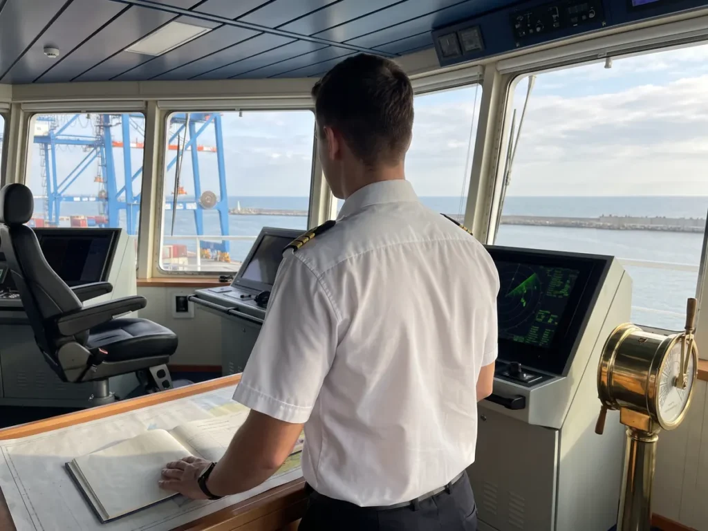 Ofițer de punte cu carnetul de stagiu deschis pe puntea de comandă a unei nave acostate în portul Constanța