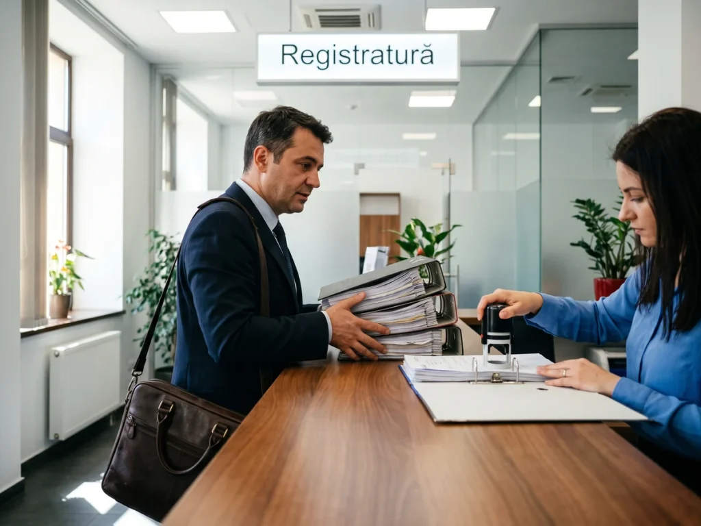 Manager de proiect care depune la registratura unui minister un teanc de formulare tipărite, în bibliorafturi