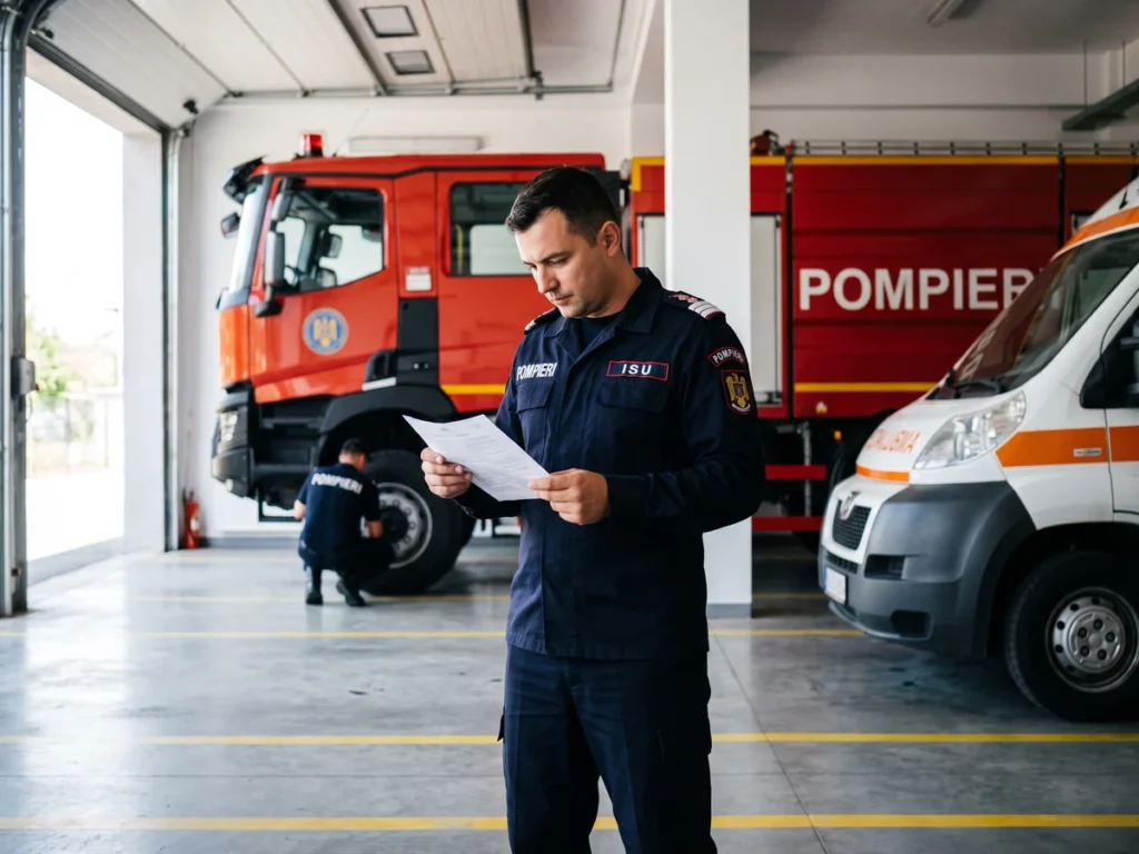 Ofițer al inspectoratului pentru situații de urgență citind o adresă oficială, între o autospecială de pompieri și o ambulanță