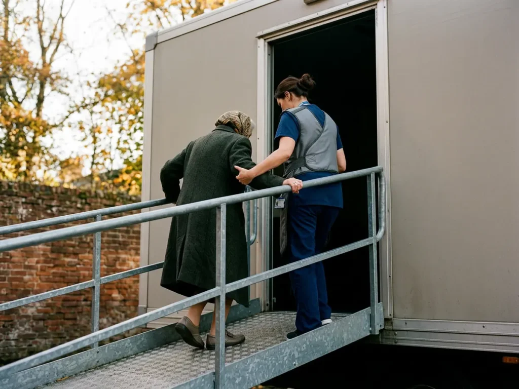 Radiograf în halat de plumb ajută o pacientă vârstnică să urce rampa unui container modular de radiologie