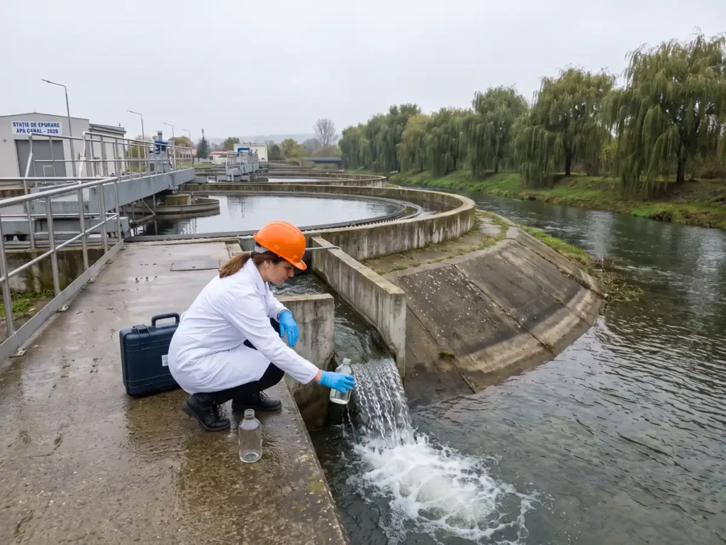 Tehnician de laborator ia probă de apă uzată la evacuarea unei stații de epurare