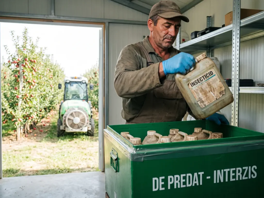 Fermier dintr-o livadă de meri care pune canistrele vechi de insecticid într-o ladă de predare, marcată „DE PREDAT - INTERZIS”
