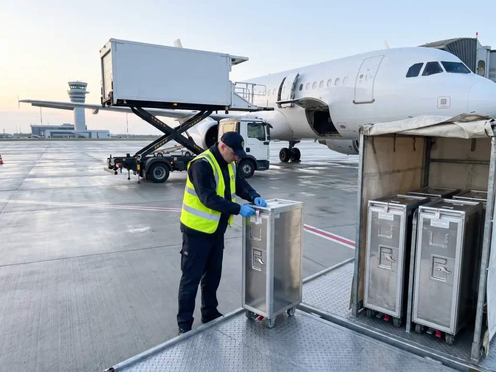 Cărucior de catering sigilat, verificat de un agent de securitate pe platforma unui aeroport