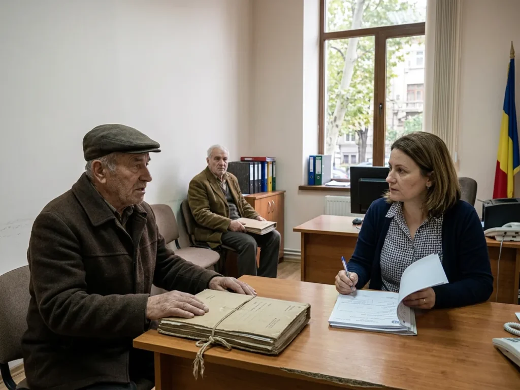 Bărbat în vârstă cu un dosar legat cu șnur, la biroul unui funcționar