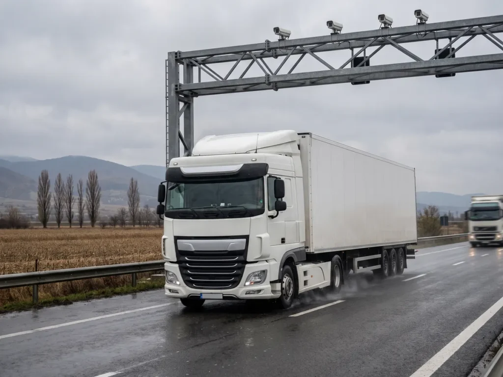 Camion de marfă pe o autostradă din România, trecând pe sub un portal metalic cu camere de taxare