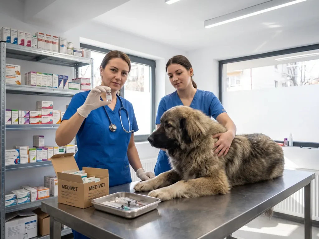 Medic veterinar cu un flacon de medicament veterinar, lângă un câine pe masa de consultație