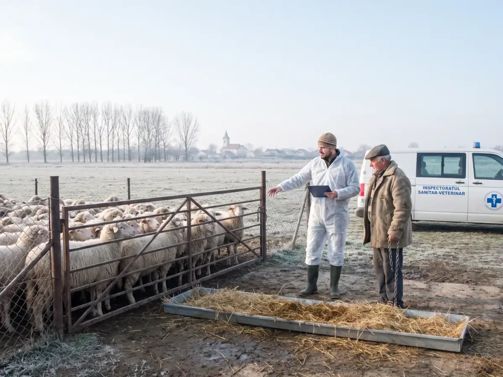 Inspector veterinar la poarta unei stâne, lângă o turmă de ovine, în zonă de restricție